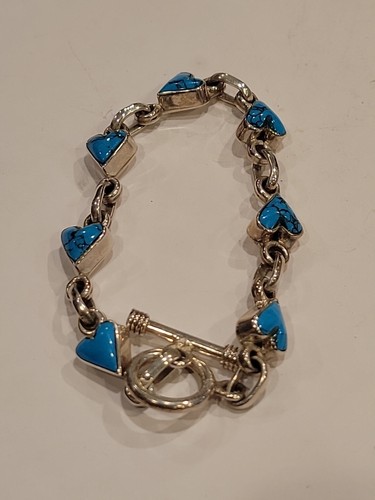 Vintage Mexico 925 Sterling Silver JR Turquoise Heart Panel Toggle Bracelet 7" - Picture 2 of 8