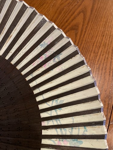 Vtg Hand Painted Fan paper & 7” Long bamboo Handle Hand Painted Pink Flowers - Picture 9 of 24