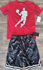 NWT Nike Jordan Boys YLG Red/White/Black/Gray Basketball Shorts Set Large