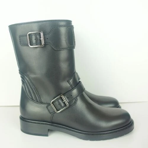 Stivali biker donna Valentino Garavani Vlogo pelle di vitello taglia 7 nero 0297