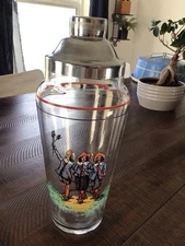 VINTAGE GLASS COCKTAIL SHAKER THREE MUSKATEERS CHROME STAINLESS TOP