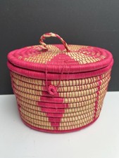 Handwoven African Basket w Lid Uganda Fair Trade Blessing Basket Pink