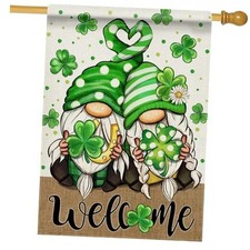 Welcome St. Patrick's Day Gnome House Flag Double Sided, Lucky Shamrock