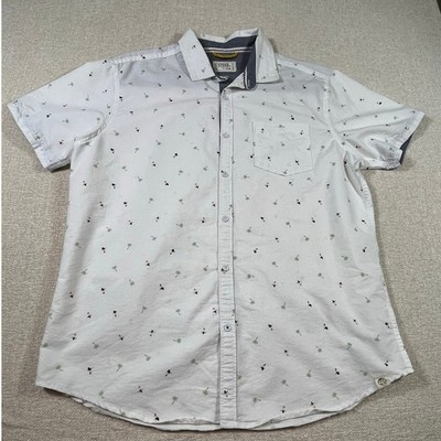 Free Planet Mens XL White Hula Girl Hawaiian Print Button Front Shirt Retro Tiki