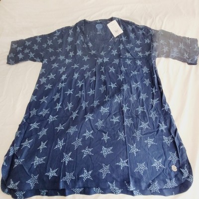 Life Is Good Top Woman Large Blue Tunic Blouse Hello Sunshine All Over Stars New