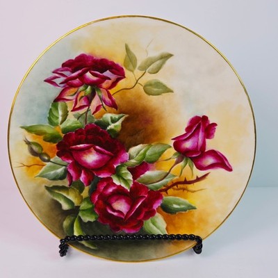 T&V Limoges France Antique Hand Painted Red Rose Porcelain Plate Signed ME Hanna