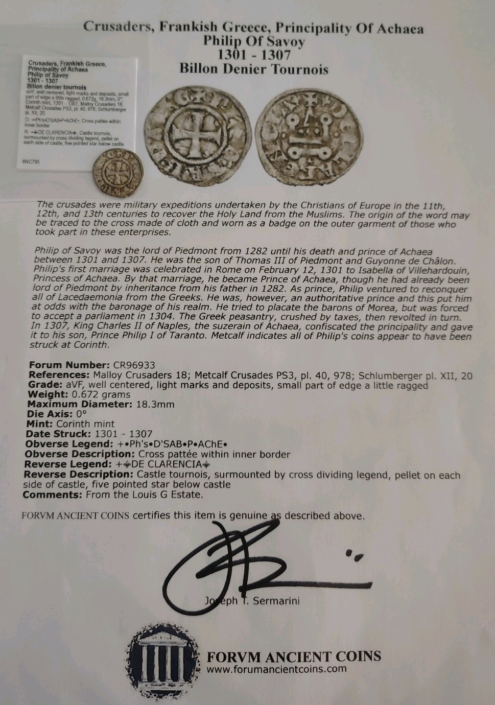 Knights Templar Crusader Coin Denier, PRINCIPALITY OF ACHAEA. Philip of Savoy