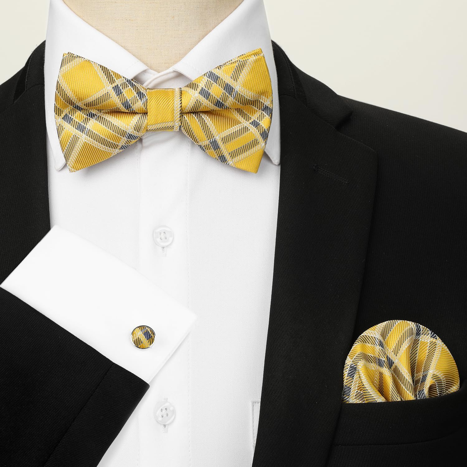 Bow Ties for Men Pre-Tied Bow Tie Set Handkerchief & Cufflinks Plaid Classic For