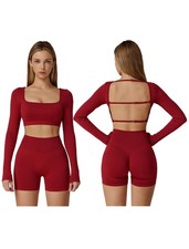 Long Sleeve Workout Sets for 2 Piece Seamless Backless Crop Top with Built in...