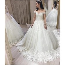 Elegant Ball Wedding Dresses White Puffy Tulle Lace Applique Bridal Gowns Train