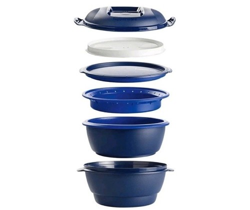 Tupperware Smart Multi-Cooker Blue & White 6 Pieces Microwave Safe Stack Set - Picture 2 of 4