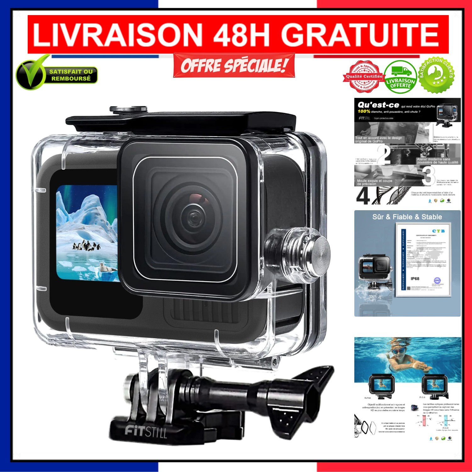 Boîtier de protection FitStill pour GoPro Hero 13/12/11/10/9 lentille verre trempé haute clarté