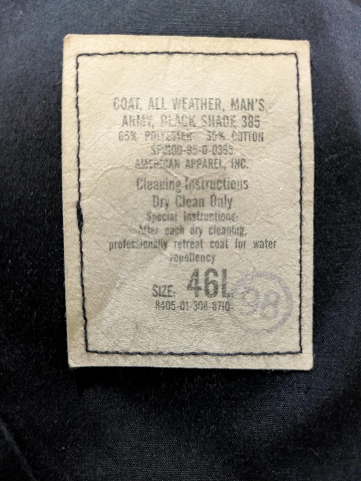 Vintage US Army All Weather Coat Mens 46L Black Trench Overcoat Military 90s - Image 2 of 4