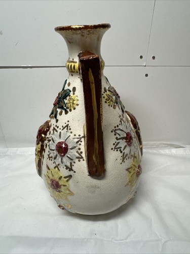 Ceramic Art Pottery VASE 2 Handles Raised Relief Flowers Gold Accents 8” - Picture 4 of 10