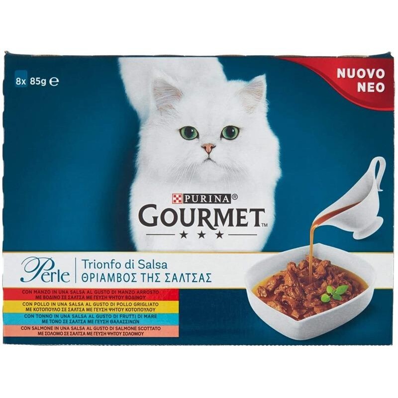 GOURMET PERLE 8 PZ DA 85 GR GUSTO MANZO POLLO SALMONE E CONIGLIO