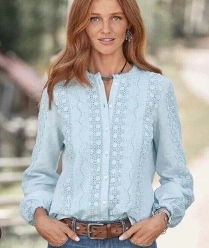 Sundance Mirabelle Eyelet Button Down Blouse Size Small Blue Romantic Shirt