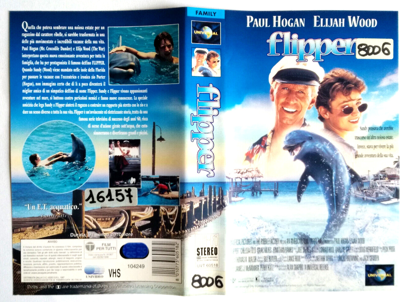 Solo Copertina Fascetta Per Vhs Flipper Paul Hogan Elija Wood Delfino Cic Video
