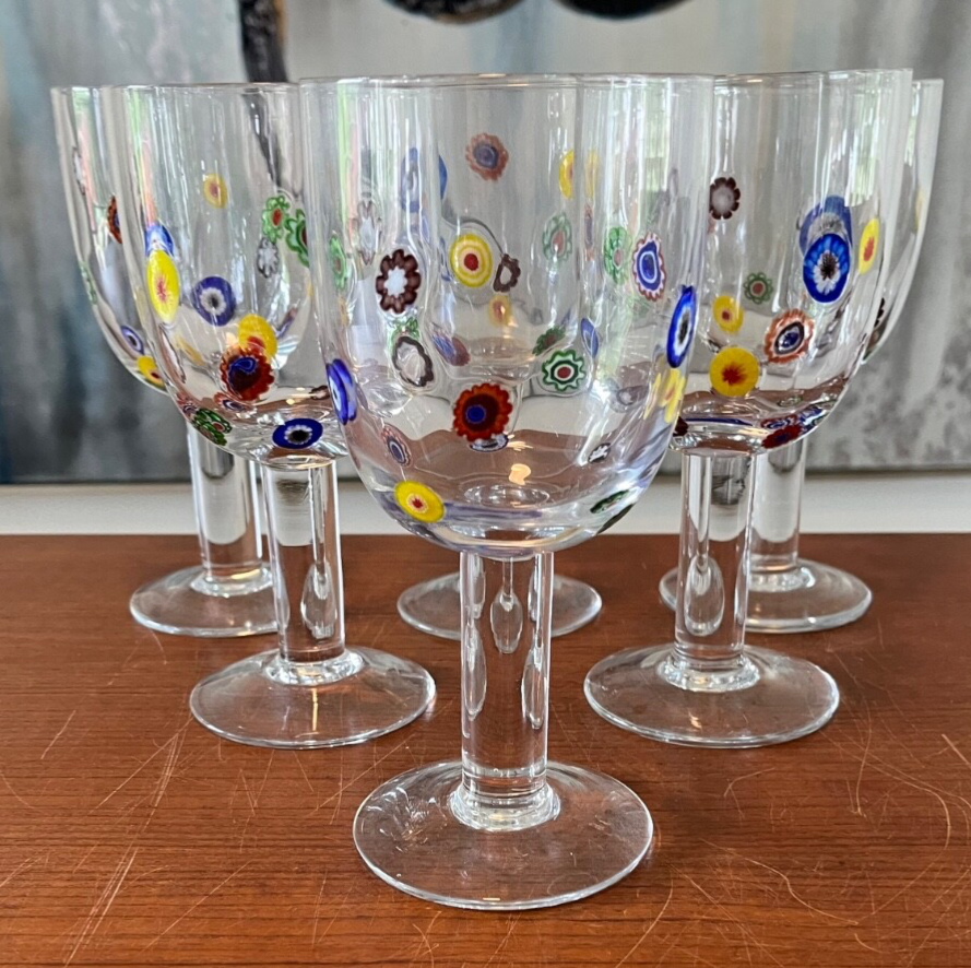6 Leonardo Murano Millefiori Wine Water Glasses Goblets 7-1/4