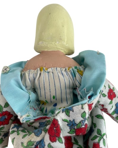 Vintage Hand-Painted Wooden Doll In Floral Dress Blonde Hair & Striped Bloomers - Picture 7 of 13