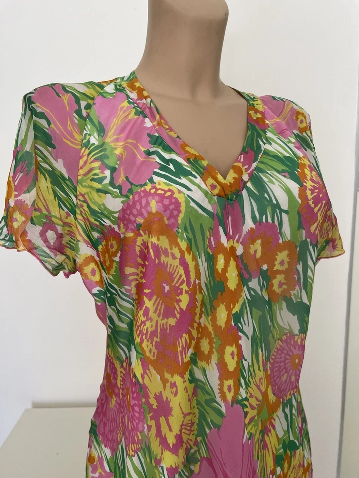 Maxi Vestido Largo MARINA RINALDI IT46-L Rosa Naranja Verde Floral 100% Seda 🌸 Mujer Foto 3 de 4