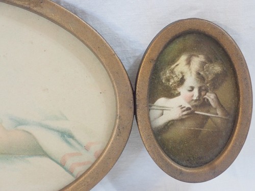ANTIQUE 1897 BESSIE PEASE GUTMANN "THE NEW LOVE" UNIQUE FRAME ART PRINT 9.5"x4" - Picture 7 of 9