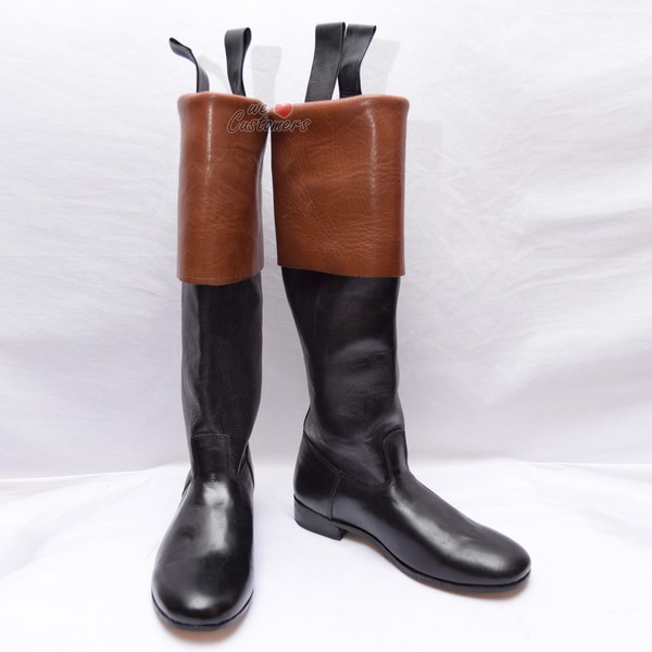 Botas largas del siglo XVIII con puños/montar francesas negras/marrones de cuero real puño-WLC