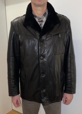 Fabiano Herren Winter Mantel aus echtem Leder und Schaffell, Gr. 56, schwarz
