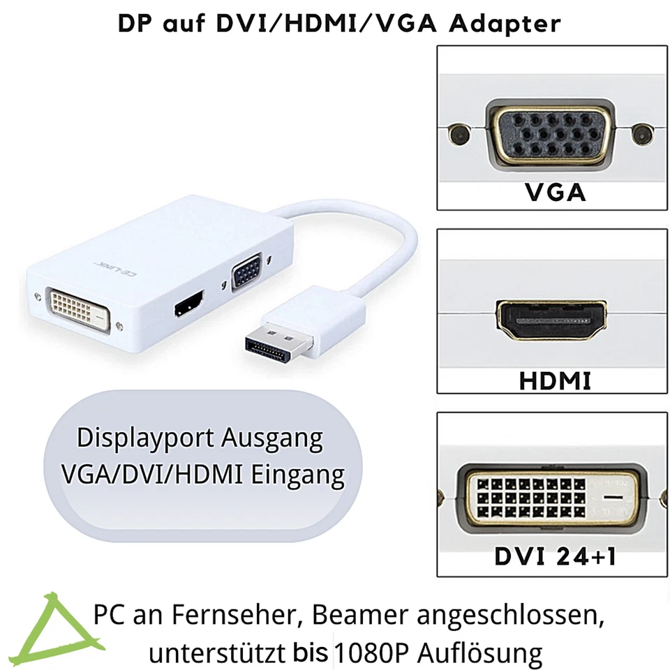 B59 Displayport auf HDMI DVI VGA Adapter DP Konverter 3in1 unterstützt 1080P - Bild 2 von 4