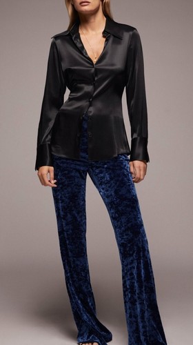 BNWT Blue Crushed Velvet ZARA Flare Leg High Waist Trousers XS 28" waist 34" leg - Picture 5 of 5