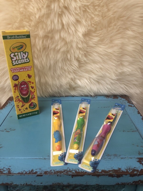 Bundle Of 3 Crest Sesame Street Soft Toothbrushes And A Crayola Silly Scents TP
