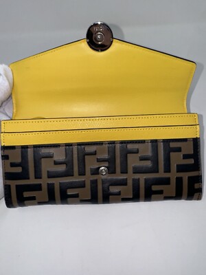 FENDI FF Zucca Continental Long Wallet Yellow Brown Embossed