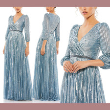 NWT 598 Mac Duggal sz 4 Sequin Wrap Over 3/4 Sleeve Gown Slate Blue G1582