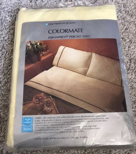 Vtg Sears ColorMate Flat Full Size Sheet Percale Cotton Blend NEW Yellow NOS - Picture 2 of 5