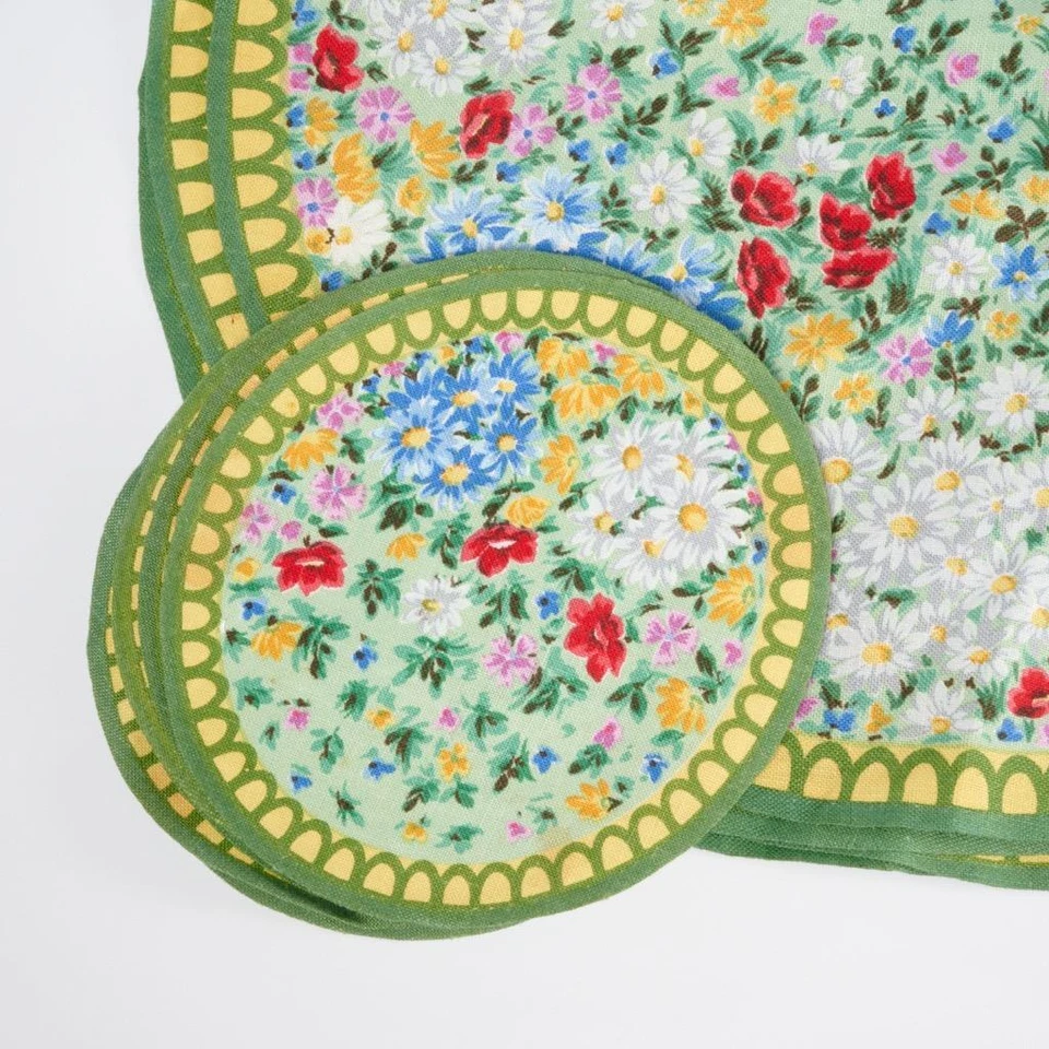 Vtg Green Yellow Floral Linen Cloth Coasters Placemats Napkins Granny Chic Lot - Image 2 of 4