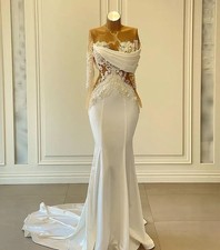 Long Sleeve Mermaid Prom Pageant Dresses Sheer Neck Lace Fishtail Evening Gowns