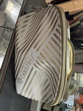 Shiseido Ginza Tokyo Makeup Bag Gold & White With Stripes Organizer Zipper Pouch