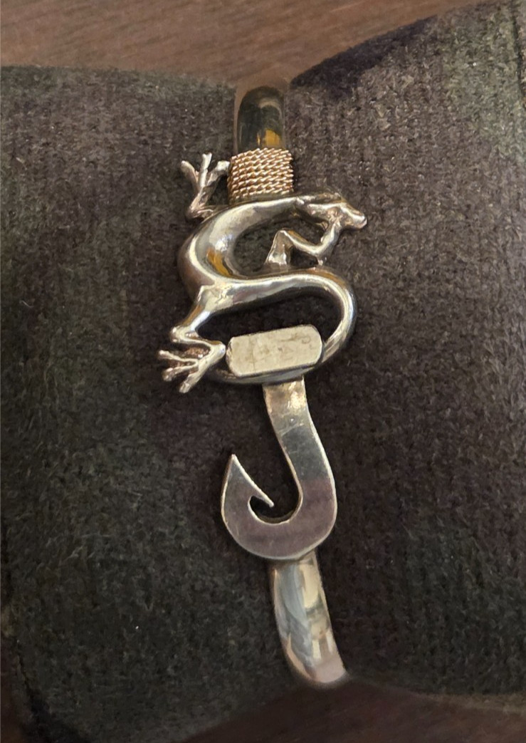 Caribbean Lizard Hook Bangle Sterling Silver & 14… - image 1