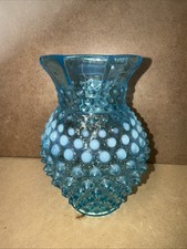 Medium Fenton Blue Opalescent Hobnail Round Vase W/ Hex Edge Mint