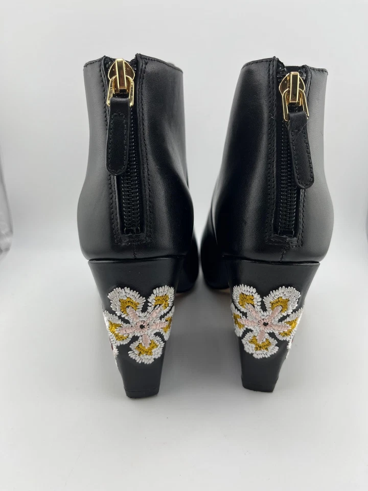 Tory Burch Black Leather Peep Toe Booties Floral Embroidered Heel 6.5M - Image 2 of 4