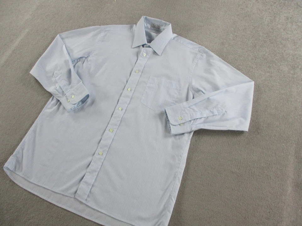 Camisa Christian Dior Para Hombres 16 32-33 Azul Claro Rayas Con Botones Hecha en EE. UU. Bolsillo Foto 2 de 4