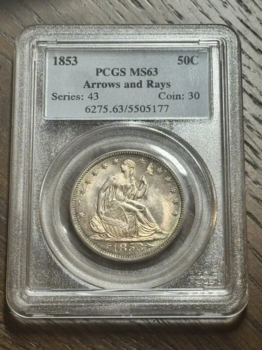 1853 P SEATED LIBERTY HALF DOLLAR ARROWS & RAYS PCGS MS63 STUNNING COIN (1304)