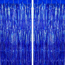 2 Pack Blue Fringe Curtains Foil Shiny Fringe Backdrop Tinsel Door Streamers Foi