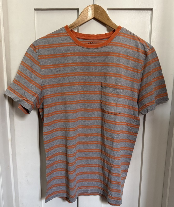 Vince Shirt Mens L Gray/Orange Stripe Pima Cotton Crew Neck Short Sleeve Casual