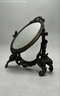 Vintage Pivoting Cast Metal Ornate Brass Swivel Oval Tabletop Vanity Mirror