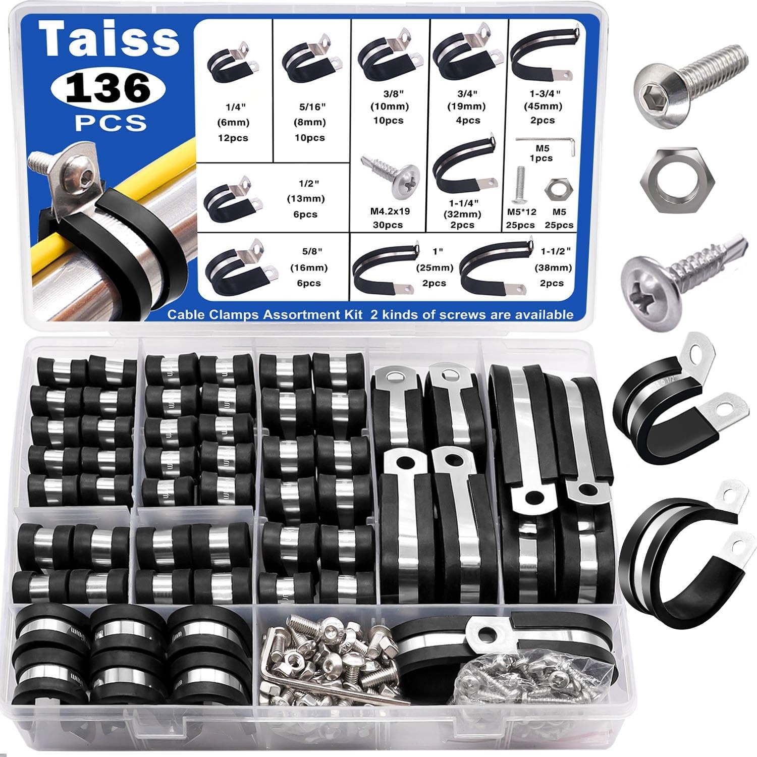 Taiss 136PCS Stainless Steel Cable Clamps Kit with Rubber Cushion for Pipes