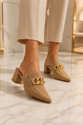 NEWBELLA Women s Knit Mesh Mule Heels Gold Chain Pointed Toe Slip On Shoes