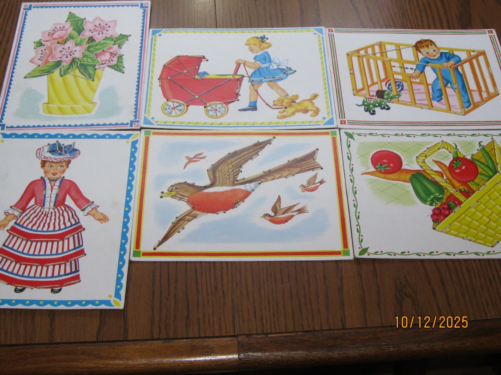 SET OF 6 VINTAGE WHITMAN SEWING LACE UP CARDS 1950s ERA 6" x 8"