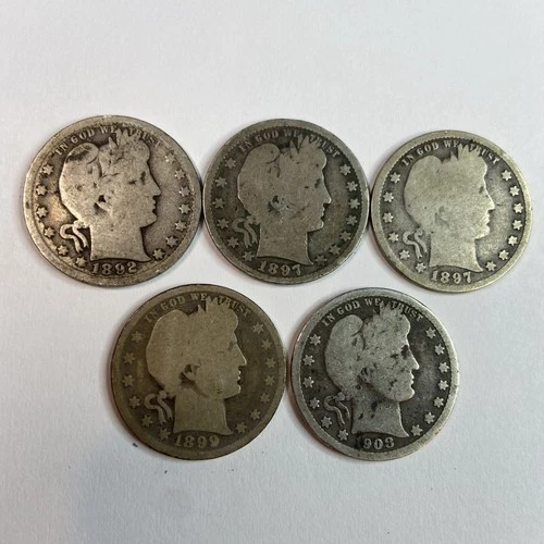 Lot of 5 Amazing Barber Quarters  - 1892-1908 - 90% Silver - Nice Set! -
