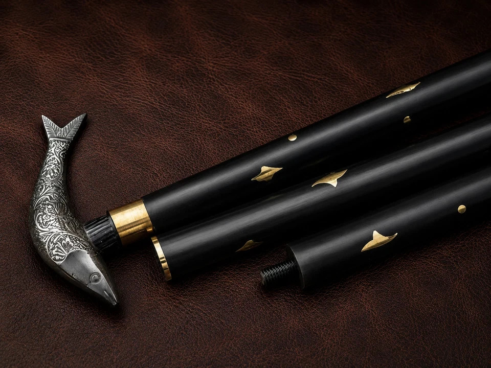 A brass fish-head handle on a wooden shaft — the kind of eccentric gentleman's accessory that turns heads at any dinner party or costumed event.