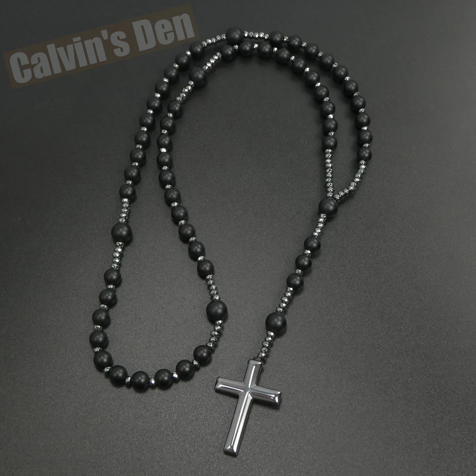 Collar Rosario Colgante Cruz Hematita Cuentas Ónix Negro Mate Grande Regalo Hombre Foto 2 de 4